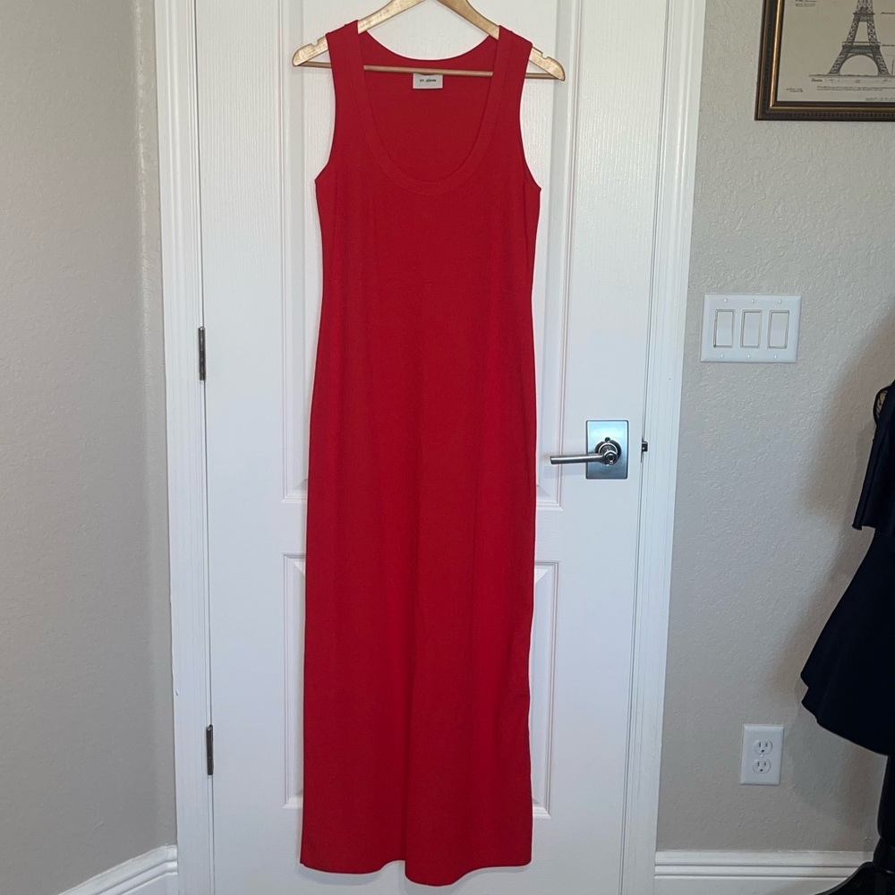 St. John Collection Tank Dress Scoop Neck Ribbed Knit Bright Ruby Red Long Sz Lg - Picture 4 of 11
